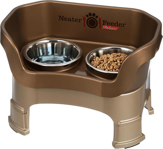 Neater Feeder Deluxe Mess-Proof Elevated Dog Bowls for Medium Dogs (19–40 lbs), 2 Height Adjustable (10” & 12.5”) No-Spill Raised Dog Bowl Stand, Stainless Steel Food Bowl Set, Made in USA, Bronze by NeaterPetBrands