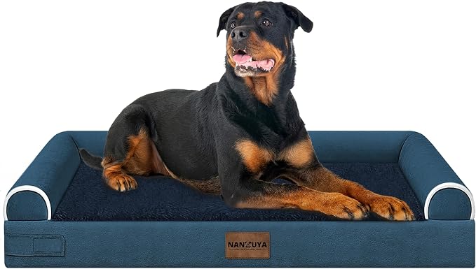 NANUYA Orthopedic Dog Bed for XX-Large Dogs, 44 x 34 Inch, Navy Blue | Egg crate foam for joint support, 3-sided bolster pet sofa, waterproof lining, washable cover, and non-skid base by Nanuya