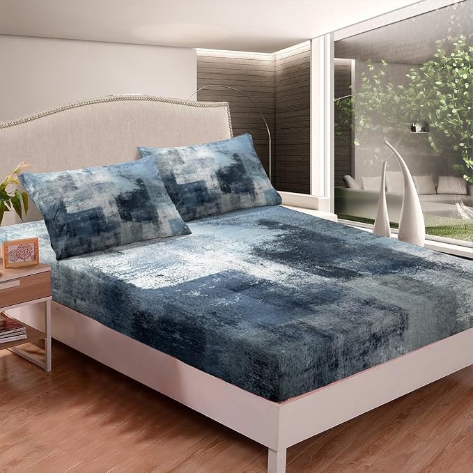 Navy Blue Sheet Set King,White and Grey Ombre Bed Sheets for Kids Boys Girls Adult,Grunge Watercolor Bedding Set Bedroom Decor,Vintage Contemporary Artwork Fitted Sheet + Top Sheet + 2 Pillowcases - Image 4