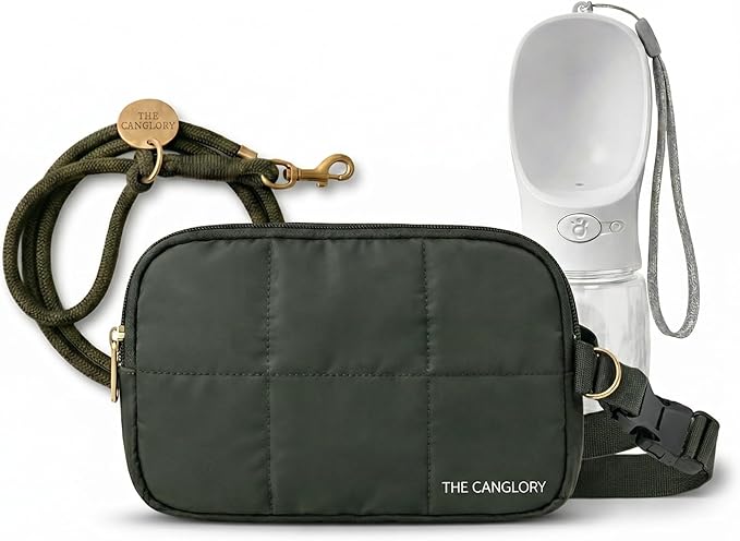 Dog Walking Fanny Pack, 4-in-1 Dog Walking Accessories Kit with Crossbody Dog Walking Bag, Hands-Free Rope Leash, 12oz Water Bottle & Poop Bag Dispenser, Treat Pouch for Training (Olive Green) by Unknown