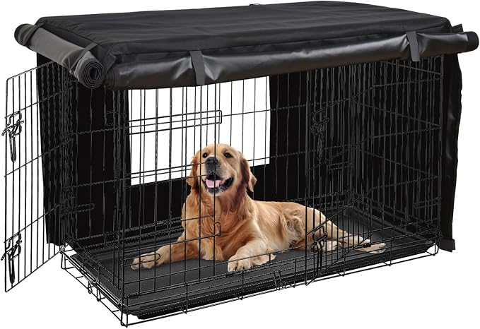 HONEST OUTFITTERS Dog Crate Cover 42 Inch Dog Kennel Cover for Large Dog, Heavy Duty Oxford Fabric,with Double Door, Pockets and Mesh Window (43L x 29W x 30H,Black) by HONESTOUTFITTERS