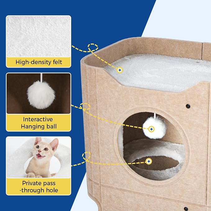 ABCPET Cat House for Indoor Cats, Cat Condo Cat Bed Cave, Felt Cats Hideaway Condo with Resistant Scratching Freedom Kitten Cube & Hanging Ball, Beige - Image 4
