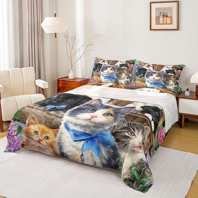Cat Sheet Sets King Size for Boys Girls Kids Kawaii Bedding Cute Animal Pet Kitten Flat Sheet Lovely Kitten Puppy Fitted Sheet Cartoon Kawaii Dog Animal Design Toddler Bedroom Collection Bed Sheet by Erosebridal