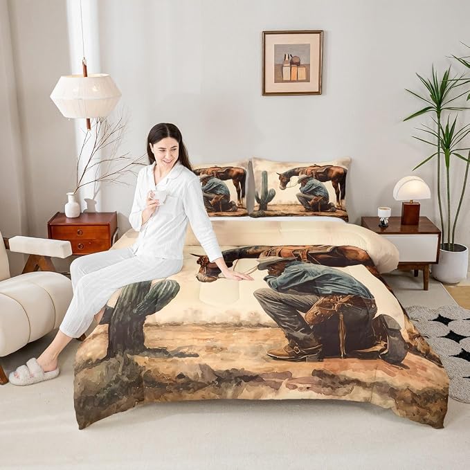 Manfei Western Horse Cowboy Comforter Sets Full Size,Southwest Desert Cactus Bedding Comforter for Kids Boys,Rustic Farmhouse Style Quilt Sets for Bedroom Decor,Duvet Insert,2 Pillowcase,Beige Brown - Image 2