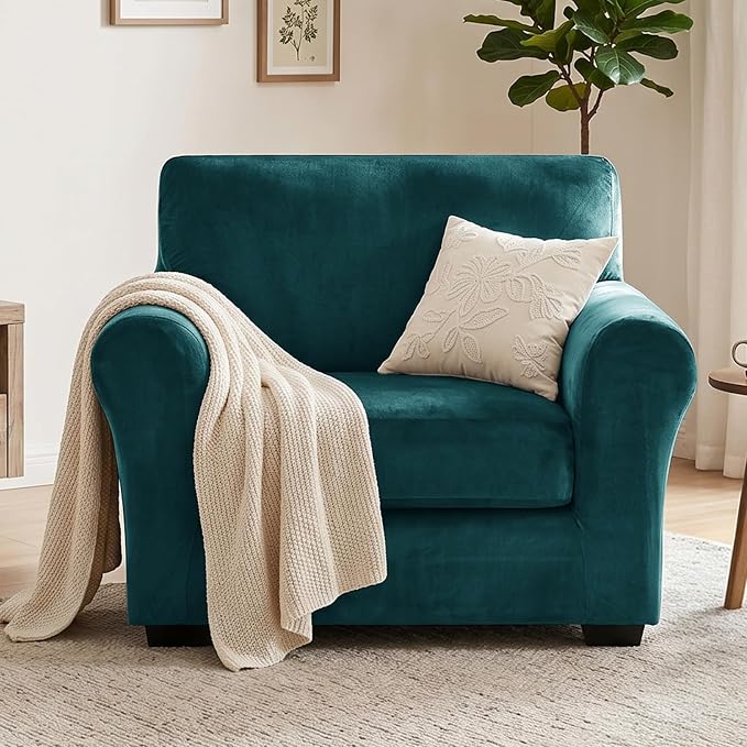 XINEAGE 2-Piece Velvet Armchair Sofa Cover, Couch Covers for Dog,Dark Green | 1 Cushion Chair,Stretch Non-slip Elastic, Pet-friendly, Washable, Fast Setup, Soft Plush Fabric, Furniture Protector. - Image 4