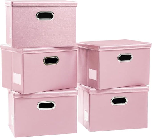 PRANDOM Foldable Storage Bins with Lids [5-Pack] Leather Fabric Collapsible Storage Boxes Organizer Containers Baskets Cube with Cover for Bedroom Closet Office Nursery Pink (14.9x10.8x10) by Prandom