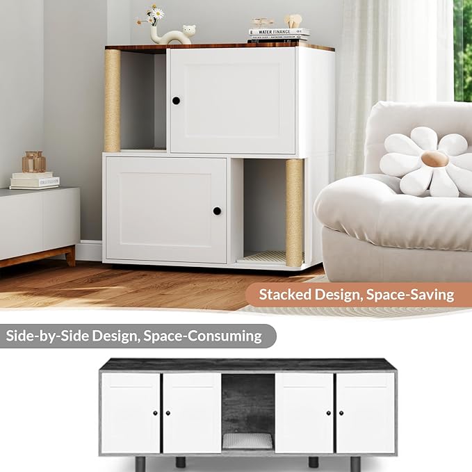 Yafylly Double Litter Box Enclosure for 2 Cats, 2-Tier Cat Litter Box Furniture with Scratching Posts & Litter Mat, Hidden Cat Litter Cabinet, Space Saving Vertical Design, Fits Most Litter Boxes - Image 6