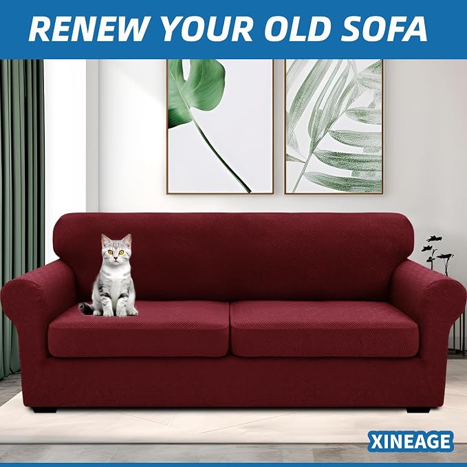 XINEAGE 2026 New 3 Pieces Couch Covers for 2 Extra Large Cushion Sofa Super Stretch Sofa Cover for 2 Large Seat Universal Loveseat Slip Cover for Living Room (Wine Red), 71"-91"(2 Cushions) - Image 4