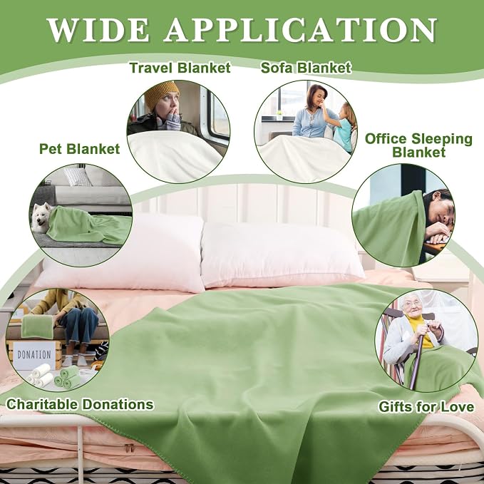 Newwiee 24 Pcs Bulk Fleece Throw Blankets 50'' x 60'' Oeko-tex Standard 100 Certified for Outdoor Wedding Guest Blankets Donation Homeless Sleepover Lap Pet Sofa, All Seasons Use (Light Green/White) - Image 5