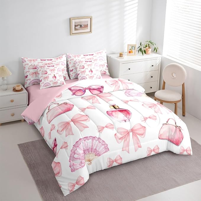 Erosebridal 7 Pcs Bowknot Girls Kids Comforter Set Full Bed in a Bag,Girly Makeup Theme Bedding Set,Dreamy Princess Style Sheet Set,Perfume Beauty Duvet Insert,Valentine Bow Quilt for Girlfriend - Image 3