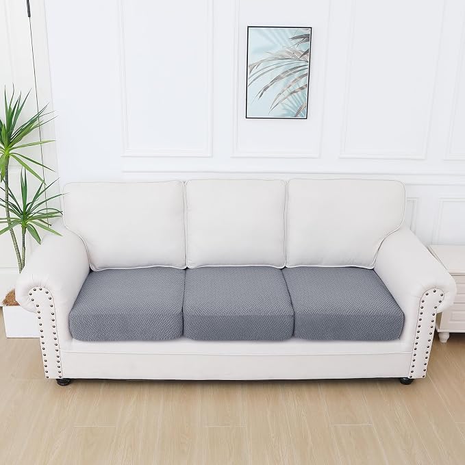 Smiry Waterproof Couch Cushion Covers, Non Slip Seat Cushion Covers | Stretch Jacquard Sectional Sofa Slipcover, Washable Elastic Furniture Protector for Pets, Kid, 3 Pieces, Light Grey - Image 5