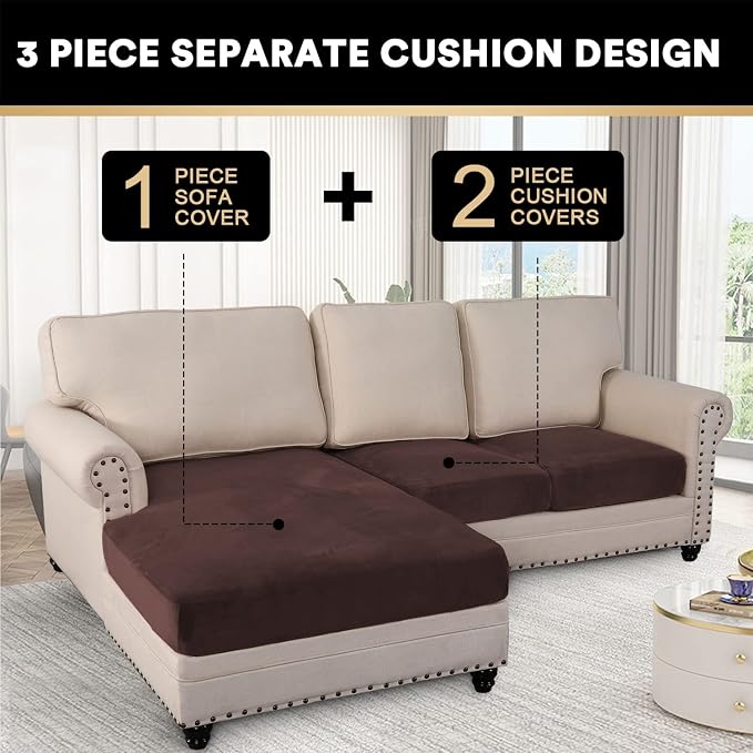 PrinceDeco Sectional Couch Covers 3 Pieces Velvet Sofa Covers L Shape Soft Couch Covers for Sectional Sofa Corner Sofa Cover Couch Cover for Dogs Washable (2 Seater + 1 Chaise,Brown) - Image 3