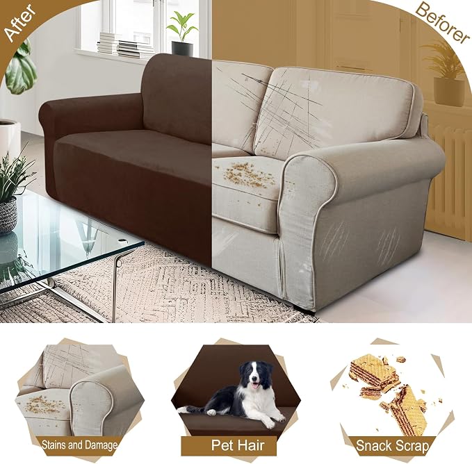 U-NICE HOME Velvet Sofa Covers Stretch Couch Covers for 3 Cushion Couch Furniture Protector Sofa Slipcover (XL Large, Chocolate) - Image 5