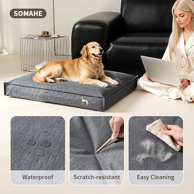 SOMAHE Waterproof Orthopedic Dog Bed, Washable, Large 35x28x4 Green | Indoor/Outdoor Ready: washable Oxford cover, TPU liner, 45D foam support for large dogs, crates, SUV, patio, porch. - Image 3