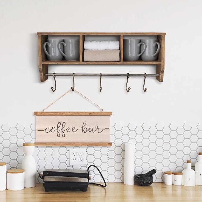 HBCY Creations Wall Mounted Shelf with Coat Hooks and Baskets, Solid Wood Entryway Organizer Wall Shelf with Hooks - Hang Coats, Keys or Coffee Mugs, Rustic Brown 24" Wide - Image 3