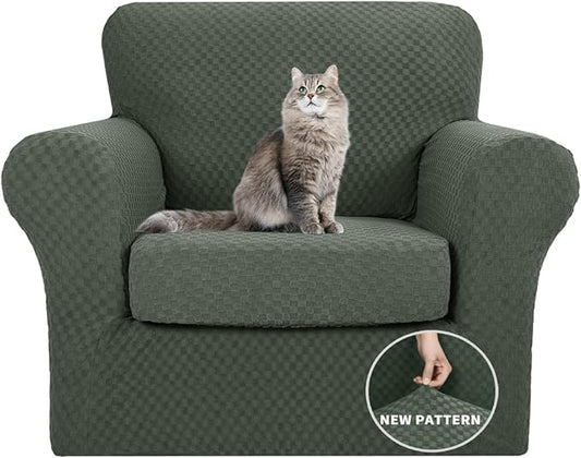YEMYHOM Latest Checkered 2 Pieces Chair Covers for Living Room High Stretch Thickened Chair Slipcovers with Arms Anti Slip Elastic Armchair Sofa Couch Protector (Army Green), 31"-46"(1 Cushion) by YEMYHOM