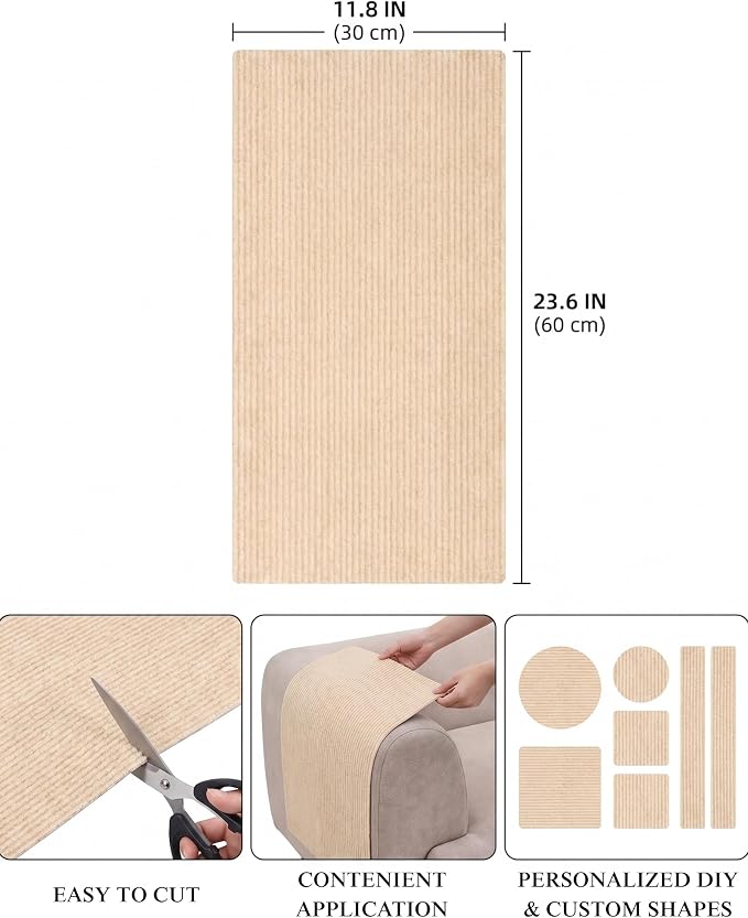 Corner & Wall Cat Scratch Mat (Beige, 23.6''x11.8'', 5-Pack), Self-Adhesive Trimmable Cat Scratcher, Wall Mounted Scratching Pad for Indoor Cats, Sofa Furniture Protector, Cat Post Cover Replacement - Image 6