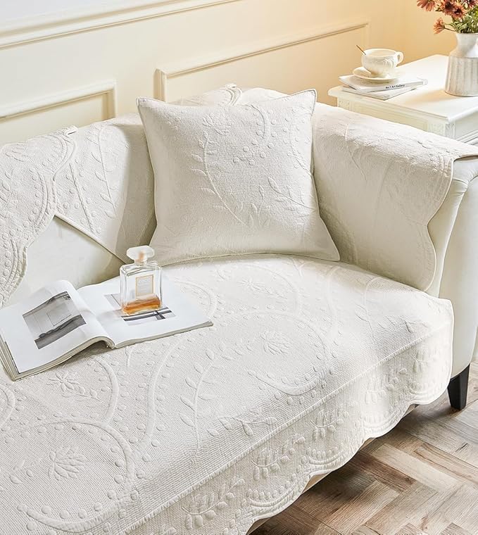 Leaf Floral Cotton Quilted Dog Couch Cover for Sofa Farmhouse Rustic Embroidered Sectional Couch Cover Soft Anti-Slip Sofa Slipcover Furniture Protector for Kids, Pets (White,36"x47") - Image 6