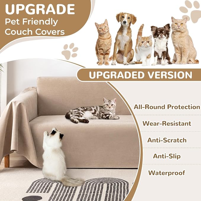 Waterproof Non-Slip Couch Cover for Pets & Dogs, Khaki 71" x 134" | Pet Sofa Cover, Washable, Pet Friendly, Anti Cat Scratch, Furniture Protector, for 3 Cushion Couch Sectional L Shaped Sofa - Image 2
