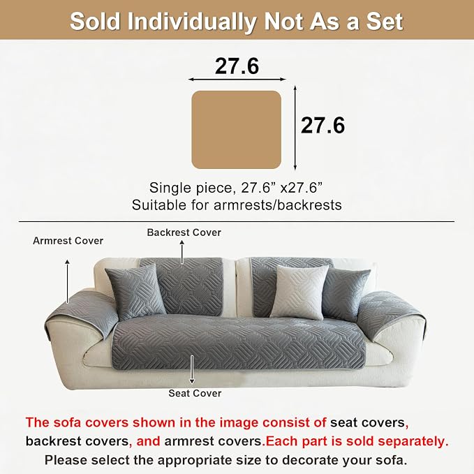 Velvet Couch Arm Rest Covers for Sofa Washable(27.6"x27.6") | Soft Sofa Cover for Armrest, No Shedding Dark Grey Couch Covers, Pet Friendly Non Slip Couch Protector Cover for Dogs - Image 2