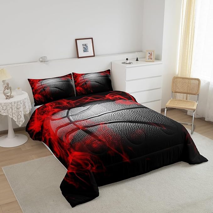 Homewish Basketball Comforter Set King Size Black Basketball Print Bedding Set 3pcs for Kids Boys Girls Teens Adults Gamer Bedroom Decor,Ball Gaming Sports Theme Duvet Insert with 2 Pillowcases - Image 3