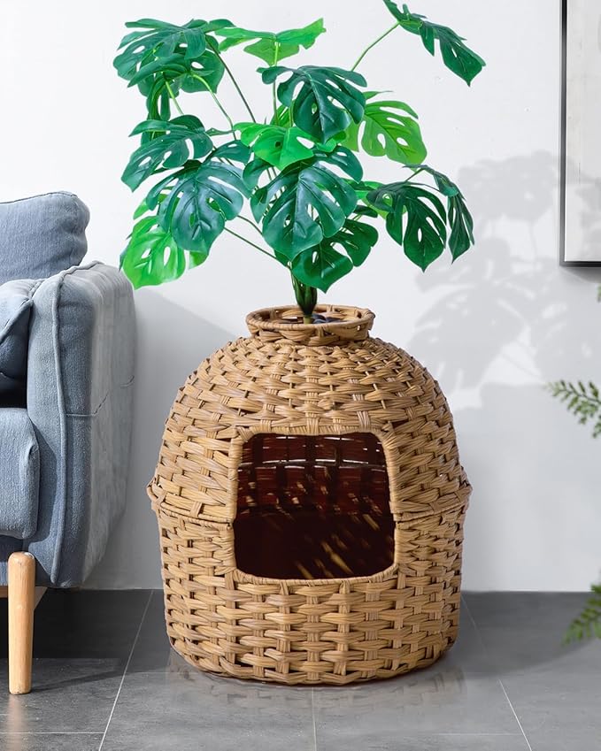 SETVSON Cat Litter Box Plant Furniture Enclosure, Rattan PE House, Natural | Decorative Planter Design, Removable Top for Easy Cleaning, Includes Artificial Plants, Real Stones, 20 x 20 Inches - Image 2