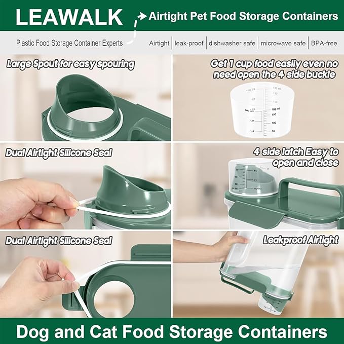 LEAWALK 5-7Lbs Cat Dog Storage Container, Portable Pet Food Containers with Upgraded Large Spout and Cup, Small Animal Kibble Dispenser for Bird Seed, Oatmeal, Rice, Flour, Brown Sugart-Dark Green - Image 3