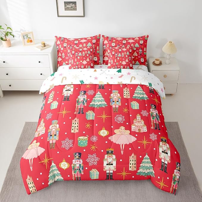 Erosebridal 7Pcs Red Christmas Comforter Set Queen Size,Christmas Nutcracker Bedding Set,Girly Dreamy Princess Bed in A Bag,Xmas Pine Tree Snowflake Quilt with Flat Fitted Sheet,Red - Image 3