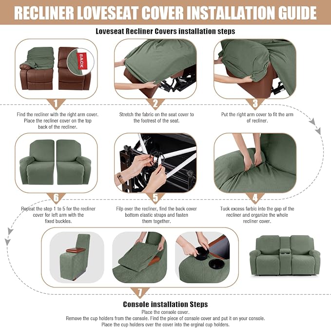VANSOFY Recliner Loveseat Cover with Middle Console Stretch Reclining Sofa Slipcover for 2 Seat Jacquard Reclining Couch Sofa Covers Furniture Protector with Elastic Straps Bottom (Green) | 4-Pieces, Soft Furniture Protector, Washable Slipcover with Po... - Image 6