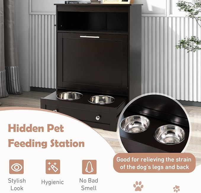Dog Food Cabinet Feeding Station with 2 Raised Bowls, Pull Out Elevated Dog Bowl, Storage, 3 Hangers, Pet Feeder Toy Leashes Organizer, Brown - Image 4