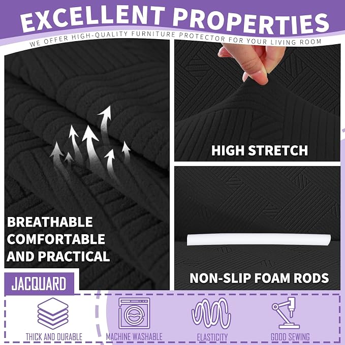 ZNSAYOTX 4 Piece Stretch XL-Sofa Covers (91"-110") for 3 XL Cushion Couch, Thick Couch Cover with Elastic Band Bottom Ties Non-Slip Stay in Place, Soft Durable Oversized Slipcovers, Black - Image 3