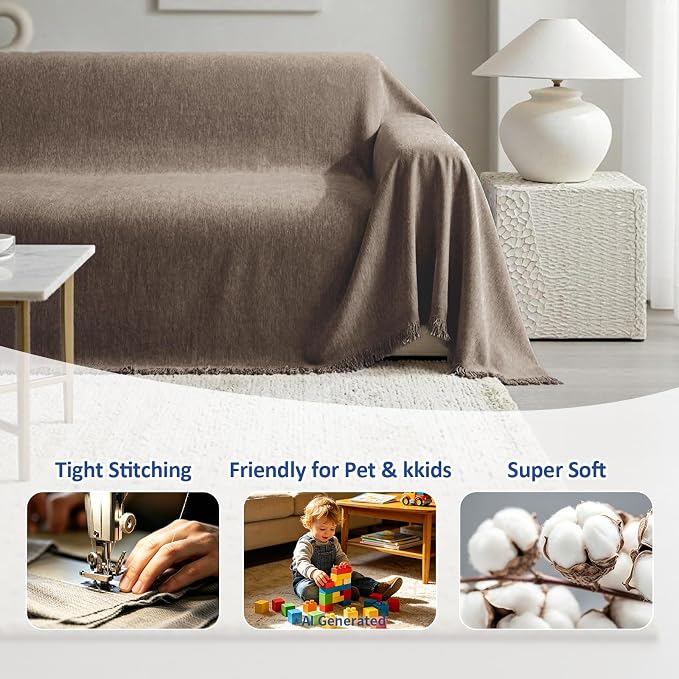 Chenille Couch Cover for Dogs, Boho Sofa Cover Washable Couch Cover, 3 Cushion Sofa Cover, Pet Throw Blankets for Couches with Tassel Furniture Protector Covers,71"×134",Coffee - Image 6