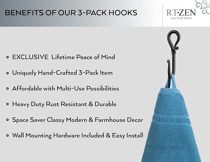 RTZEN Classic Farmhouse Wall Mount Multi-Use Wrought Iron Hook Set (3 Pack) | Decorative Rustic Metal Handcrafted Bathroom, Entreyway Home Decor Hooks Suitable for Coats, Towels, Robe or Hat Hanging - Image 2