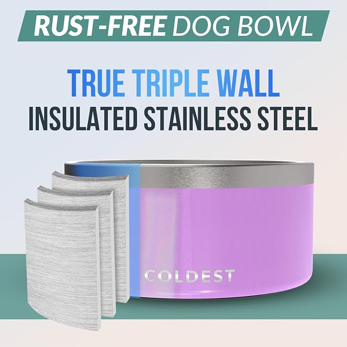 Coldest Dog Bowl - Anti Rust Metal, Non Slip, 3 Layers Insulated Stainless Steel Dog Bowls - Spill Proof & Heavy Duty - Water Bowl for Dogs, Cats, Dish Washer Safe (200 oz, Saturns Purple Glitter) - Image 3