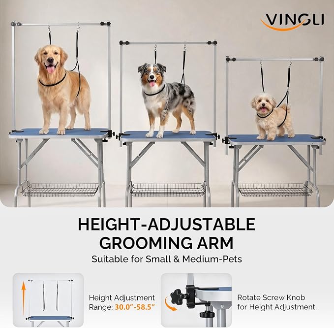 VINGLI Dog Grooming Table, Adjustable Cat Grooming Desktop with Arms and Storage Basket, Pet Grooming Stand at Home (Blue, 32 inch) - Image 2