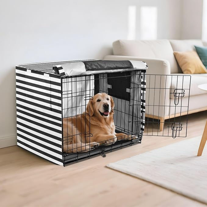 Dog Crate Cover Kennel Cover for Dog Cages Breathable for Wire Cage Indoor Outdoor White Black Stripes - Image 6
