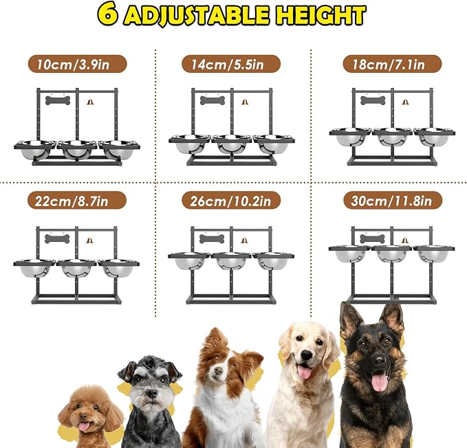 Elevated Dog Bowl Stand for Medium/Large Dogs with Slow Feeder & Mat, Adjustable Height 3.9'',5.5'',7.1'',8.7'',10.2'',11.8'', 58oz Raised Triple Dog Food Water Bowls - Image 4