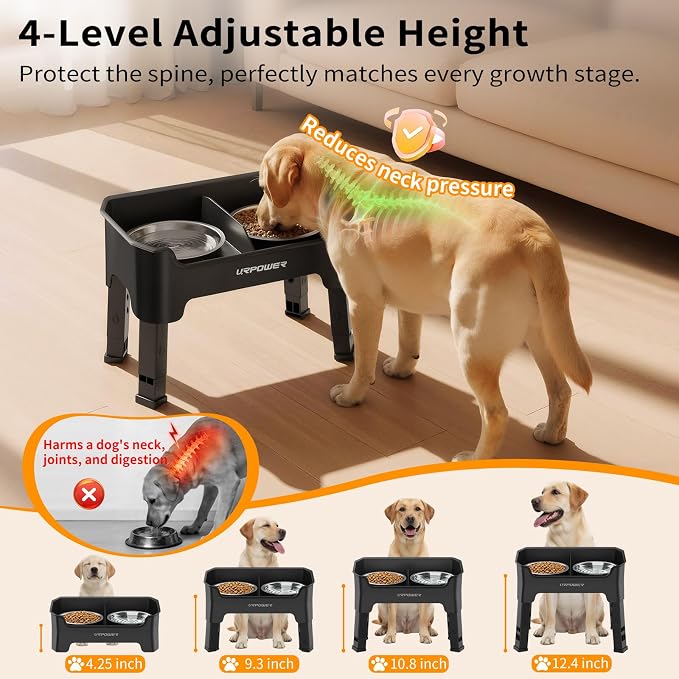 URPOWER Mess Proof Elevated Dog Bowls, Splash Guard Raised Bowl Stand | 4 Height Adjustable Raised Stand with 2 Stainless Steel Food Bowls & Licking Plate for Small, Medium & Large Dogs - Image 6
