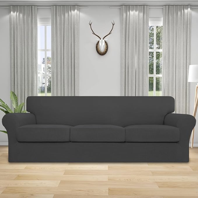 Easy-Going Couch Cover, Stretch Sofa Cover with 3 Cushion Covers, Washable Spandex Jacquard Fabric, Elastic Furniture Protector for Pets, Kid (X-Large, Dark Gray) - Image 2