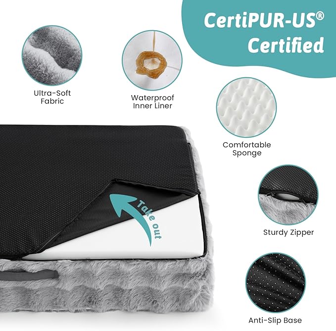 COZY KISS Orthopedic Dog Bed for Large Medium Size Dog, Soft and Warm Faux Fur Sofa for Pet Up to 75 lbs, Foam Bolster Anti-Slip Couch with Washable Removable Cover, L 36x27x6.5 inch, Grey - Image 5