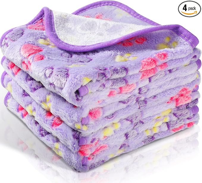 Tatuo 4 Pack Fleece Dog Blankets for Puppy Cats Multi-Size Sleep Mat for Pet Guinea Pig Soft Washable Warm Crate Bed Puppy Teething Toys Print Pattern Blanket Indoor(Purple,30 x 20.5 Inch,Paw) by Tatuo
