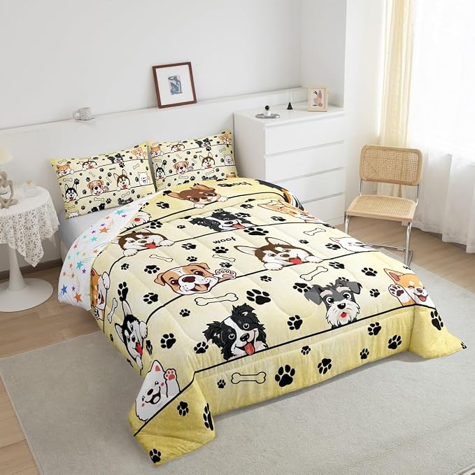 Manfei Kawaii Dog Puppy Bedding Set for Boys Girls,Lovable Dog Pet Animals All Season Cozy Comforter Set with 2 Pillowcases Full,Likable Paw Print Duvet Set Bedroom Decor,Festival Gifts - Image 4
