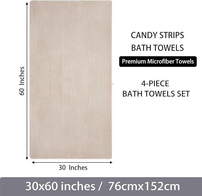 4 Piece Bath Towels, 30"x60" Microfiber Towels Set, Beige | Large Bathroom Towels, Soft Touch, Highly Absorbent, Quick Dry, Lint Free, Long-Lasting, Family Use, Guest Bath & Daily Use - Image 8
