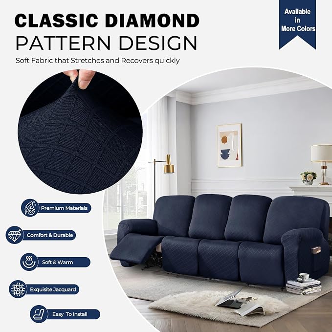 vctops Diamond Recliner Sofa Covers 10-Pieces Stretch Large RV Couch Covers for 4 Seats Reclining Slipcovers Soft Solid Furniture Protector (Navy,4 Seat) - Image 3