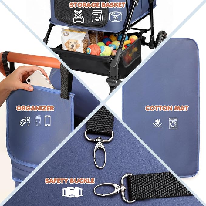 Dog Stroller for Large & Medium Dogs (20–132 lbs), Pet Stroller for 2 Small Dogs, Cat Strollers for 2 Cats, Extra Large Heavy Duty, Foldable & Fully Ventilated Design, Blue