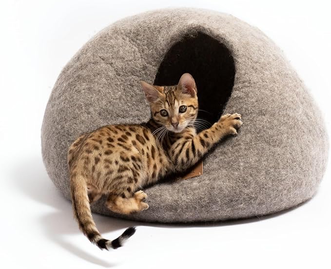 Best Aesthetic Cat Bed - Premium Felted Wool Cat Cave Bed - Cozy Peekaboo Round Cave for Large or Small Cats (Small, Earth Brown) by FuzzyCove