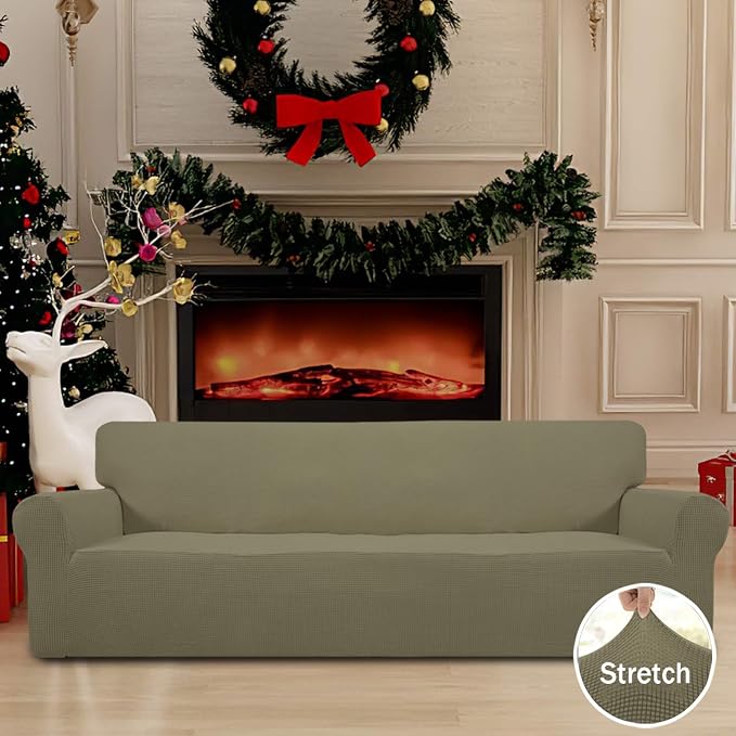Easy-Going Stretch 4 Seater Oversized Sofa Couch Cover Khaki | 1-Piece Extra X-large Sofa Cover Furniture Protector Couch Soft with Bottom for Kids, Spandex Jacquard - Image 2