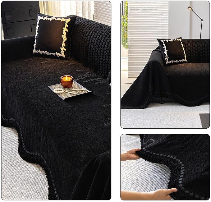 ROOMLIFE Black Couch Cover Sofa Covers, Chenille Couches Covers for 3 Cushion Sofas, Non Slip Soft Breathable Sofa Slipcovers for Pet, Washable Furniture Protector with Tassel,71''X134” - Image 4