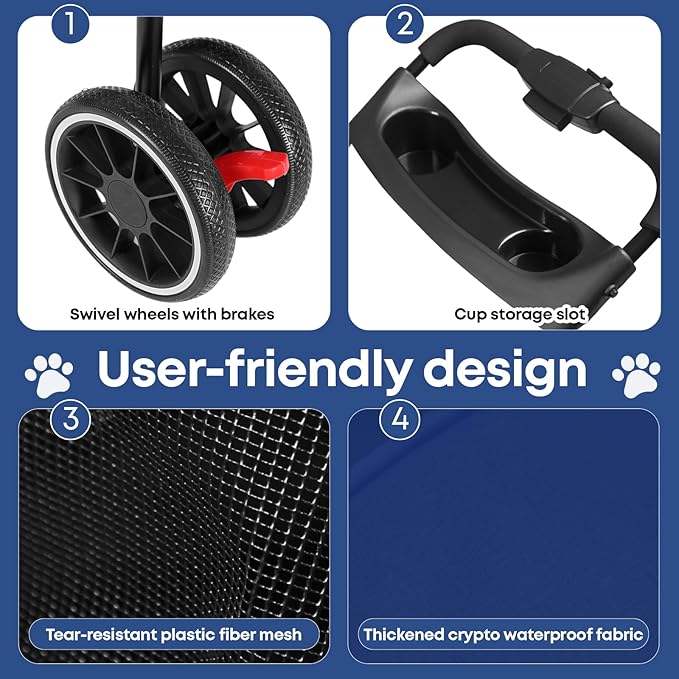 Pet Stroller,Dog Stroller for Small Medium Dogs Cats,3 Wheels,Foldable,with Breathable Mesh Canopy,Cup Holders,Easy Assembly,Navy Blue