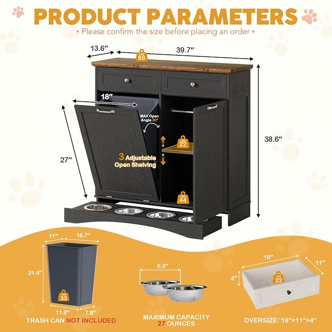39.7’’W Dog Feeding Station, Tilt-Out Dog Food Cabinet for Multi-Pets, Pet Feeder Station with 4 Feeding Bowls, Dog & Cat Storage Organizer with Hanging Rod, (Black, Dual Doors) - Image 2